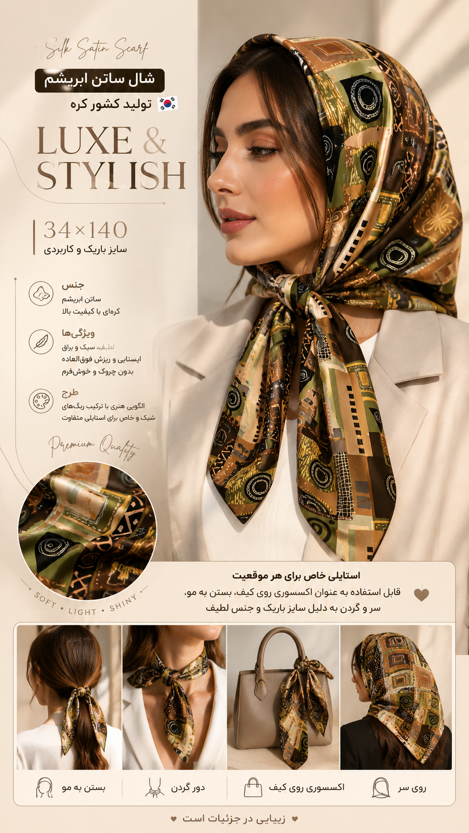 شال ساتن ابریشم کره‌ای – مدل باریک (150×۳۴) کد 46