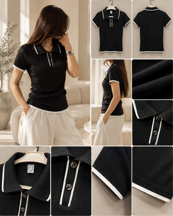 پولوشرت کبریتی مشکی زنانه با مغزیدوزی سفید کد 1133